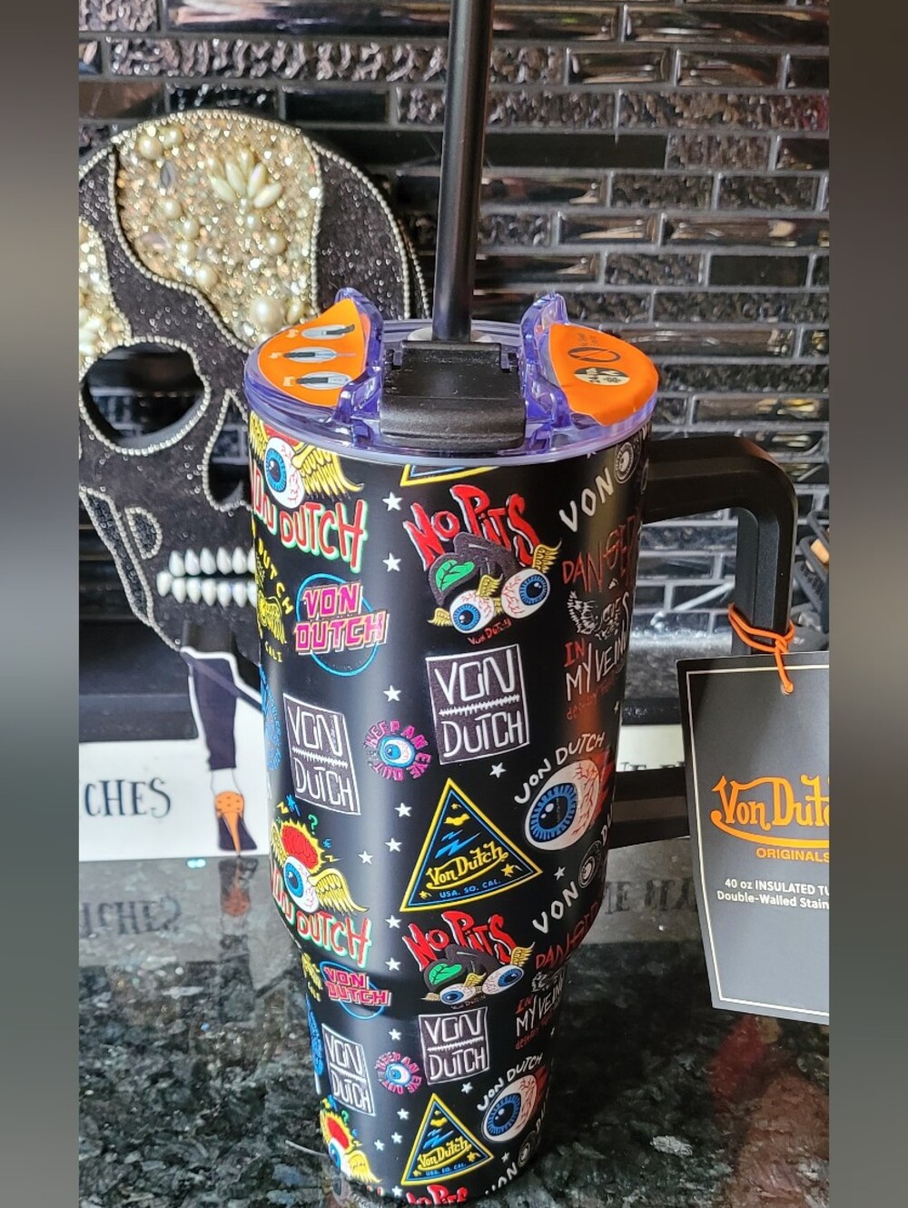 Von Dutch NWT Black Multicolor Graphic Insulated 40oz Tumbler with Straw